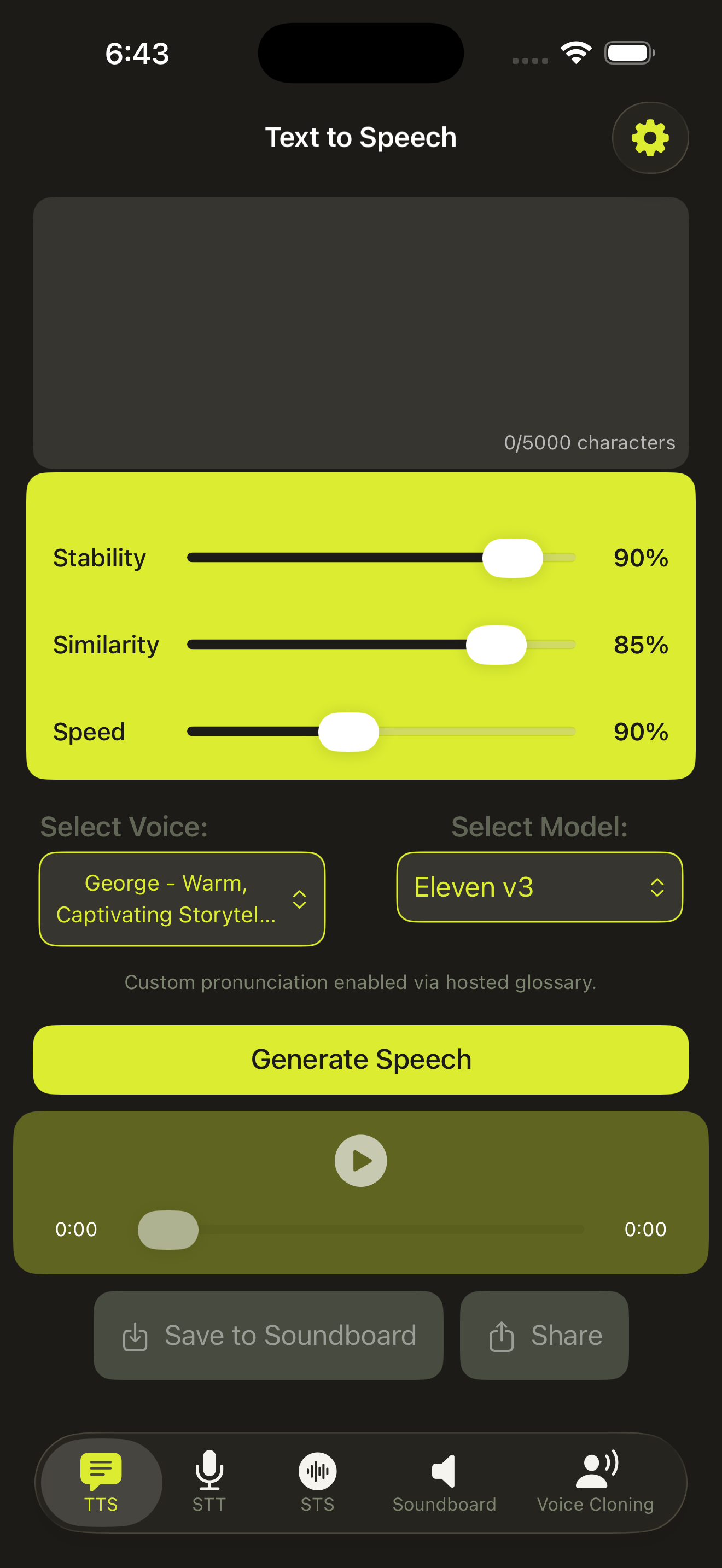 SpeakTrue text-to-speech screen on iPhone